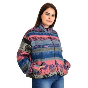 เสื้อคลุมซิปผ้าขนสัตว์ผสมขนจามรีแบบกิโมโน สวมใส่สบายและอบอุ่นสำหรับฤดูใบไม้ร่วง-ฤดูหนาว ลายกราฟิกแอซเท็กน่ารัก - Product Image 5