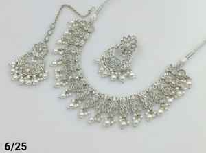 Latest <b>Indian</b> Jewelry Traditional Silver Plated Motipearl With Chandbali Earring and Maagtika Combo Necklace <b>Set</b> for Women - Product Image 5