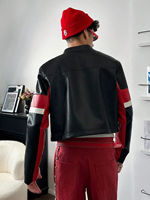 Blouson moto homme en similicuir, coupe slim, color block, fermeture éclair, style streetwear
