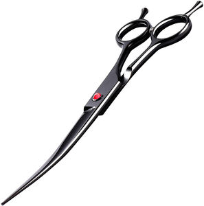 High Quality Pet Grooming <b>Scissor</b> Black Powder Coated <b>Curved</b> Sharp Blade Barber Hair Grooming <b>Scissors</b> With Two Finger Rest - Product Image 1
