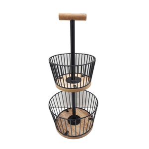 2 Tier Wood Iron Wire <b>Basket</b> in Round Shape <b>Black</b> Finished for Tabletop Fruit and Vegetables <b>Storage</b> <b>Basket</b> - Product Image 2