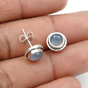 Minimalist Precious Round Cut Bezel <b>Set</b> Chalcedony Stone 925 <b>Sterling</b> <b>Silver</b> Gemstone <b>Stud</b> <b>Earring</b> Stone Jewelry for Women Girls - Product Image 3