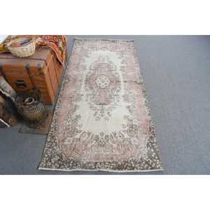 Vintage Turkish Rug, 3.2x7.3 ft Rug, <b>Brown</b> Pink Striped <b>Wool</b> Rug - Product Image 1