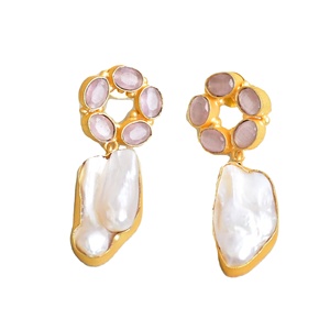 Bulk Brass <b>Hoop</b> <b>Earrings</b> Natural Pearl Natural Semi Precious Stone Satin Brass Finish Unique Designer Pattern High Quality - Product Image 1