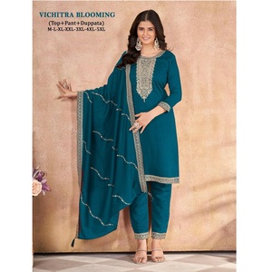 Vêtements ethniques à la demande Blooming Vichitra Silk avec broderie Work Straight Cut Salwar Kameez Suit du fournisseur indien - Product Image 1