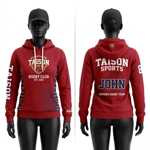 Hoodie de rugby en molleton de coton et polyester premium 320 GSM, rouge, avec empiècements latéraux contrastés, impression par sublimation personnalisée, logo d'équipe. - Product Image 1