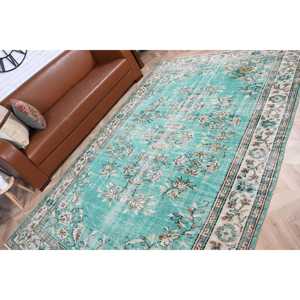 Alfombra Turca Vintage Grande de 6.1x9.4 pies, Alfombra de Lana Sólida Azul y Blanca - Product Image 5