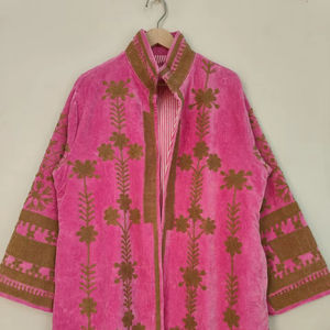 Pink Long <b>Velvet</b> Suzani <b>Coat</b> Handmade Boho Embroidered Jacket Luxury Bohemian Kimono <b>Coat</b> Festival Statement Outerwear - Product Image 1