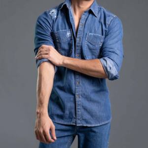 เสื้อยืดสำหรับผู้ชายแบบลำลองใหม่เสื้อยืดผ้าเดนิมคอตตอนสีฟ้า - Product Image 1