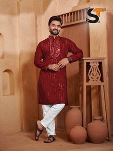 Wedding Wear Roman <b>Silk</b> With Embroidery Mirror Work <b>Mens</b> Kurta <b>Pajama</b> Manufacturer From India At Lowest Rate <b>For</b> Sale - Product Image 4