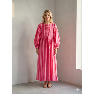 Vestido Maxi a Rayas Rosa Caramelo, Cintura Elástica, Diseño Personalizado, Elegante, Casual, Transpirable, Verano, ODM/OEM para Ocio, Citas, Uso Diario - Product Image 1