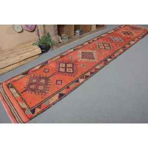 Vintage Turkish Classic Style Rectangle Rug 2.7ft X 13.6ft Orange <b>Brown</b> Bohemian Patchwork Design Flat Weave <b>Wool</b> Latex Backing - Product Image 5