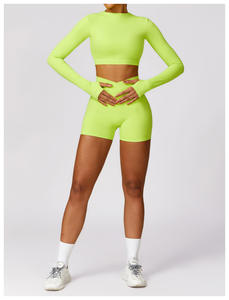 Top corto de manga larga para Yoga para mujer, Top corto con espalda hueca, Sujetador deportivo con espalda alta, pantalones cortos, pantalones acanalados sin costuras, conjunto de 2 uds sólido para niñas - Product Image 5