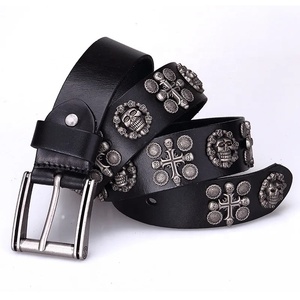 Cinturón Punk de Cuero Genuino de Vaca Italiano con Hebilla de 3.9cm (1.5") de Ancho, con Múltiples Tachuelas de Calavera y Remaches, Estilo Western, Venta al por Mayor - Product Image 3
