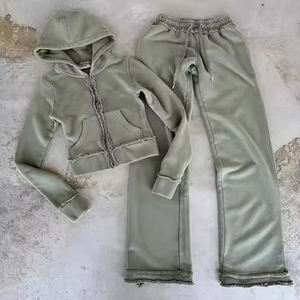 Streetwear vintage personnalisé 100% coton ensemble de jogging imprimé par transfert de chaleur lavage à l'acide survêtement à capuche pantalon de survêtement évasé droit - Product Image 5