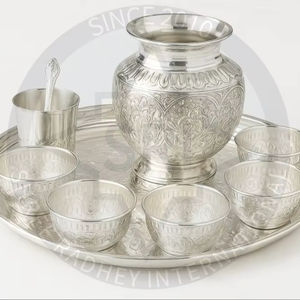 Ensemble Pooja Thali en laiton plaqué argent Assiette traditionnelle Mandir Aarti avec bols, verre et cuillère - Product Image 1