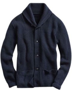 Pull cardigan en tricot côtelé à col châle boutonné, tricot texturé chaud d'hiver, couleur bleu marine, coton, vêtement décontracté tendance - Product Image 1