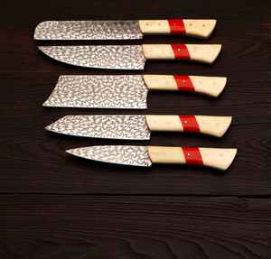 Juego de Cuchillos de Chef de Acero con Alto Contenido de Carbono Hechos a Mano de Alta Calidad con Mangos de Hueso, Juego de 5 Piezas con Funda de Cuero, Recubrimiento Negro - Product Image 3