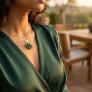 Handmade Silver <b>Moldavite</b> Pendant <b>Necklace</b> with Green Gemstone Rhodium Plated Religious Charm Diamond Main Stone Jewelry - Product Image 2