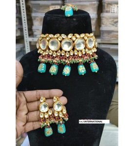 <b>Kundan</b> Meenakari Ethnic <b>Jewelry</b> Set Gold Plated Brass Necklace Earrings Pearls Custom Shape Weddings Engagements Bridal Parties - Product Image 1