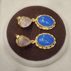 Plata de Ley 925, piedra preciosa con forma de lágrima ovalada Natural, excelente calidad, Cuarzo Rosa, zafiro azul, diseño hecho a mano, chapado en oro - Product Image 2