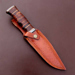 Cuchillo de caza Bowie de acero de Damasco de alta calidad hecho a mano de lujo personalizado mango de Micarta marrón Funda de cuero cuchillo directo OEM - Product Image 6