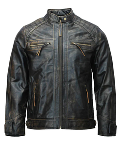 Chaqueta de cuero de motorista para hombre personalizada, marcas rústicas naturales, cuero de vaca, negro, motocicleta desgastada, estilo clásico, chaqueta con cuello levantado - Product Image 5