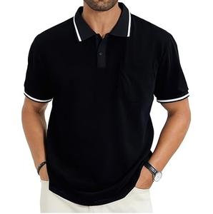 T-shirt de golf à col roulé uni noir de haute qualité, respirant, coupe classique, 100% coton, best-seller - Product Image 1