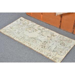 Turkish Vintage Rug, 1.6x3.3 ft Rug, White <b>Brown</b> Ikat Wool Rug - Product Image 3