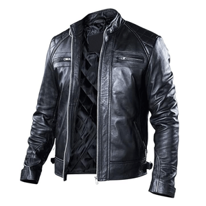 Veste motard homme noire en cuir d'agneau de qualité supérieure col montant avec 4 poches zippées plus ajusteurs à boucle à la taille - Product Image 1