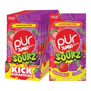 Goma de mascar PUR Jumbo SOURZ 100% Xilitol |   Sabor Natural |   Fresas Ácidas, Uvas Ácidas, 20 Piezas (Paquete de 10) - Product Image 1