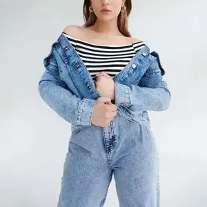 Veste Denim Bleu Vintage Classique pour Femmes Respirant Bouton Léger Élégant Design Déchiré Peau de Mouton Surdimensionné - Product Image 3