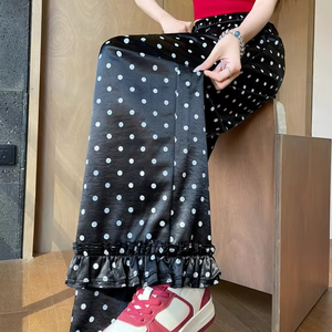 Nueva Primavera Verano tejido de lunares transpirable cintura elástica cintura alta Casual suelto recto pantalones de pierna ancha Pantalones de mujer - Product Image 3