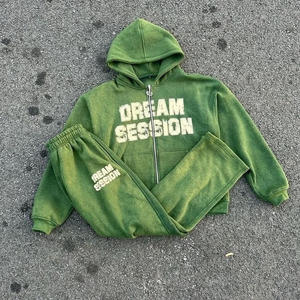 Conjunto Deportivo Vintage Personalizado con Cremallera, Sudadera con Capucha y Pantalones Deportivos de Pierna Recta y Corte Acampanado, Estilo Acid Wash - Product Image 3