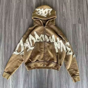 Nouveauté prix de gros 500 GSM Vintage Baggy patchs en détresse Streetwear Boxy lavage à l'acide hommes recadrée fermeture éclair à capuche - Product Image 5