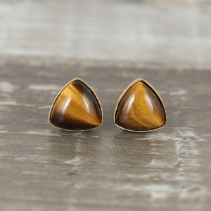 Tiger Eye Triangular Stud <b>Earrings</b> With Gold Tone Push Back Closure | Glossy Geometric Minimal Jewelry For <b>Women</b> - Product Image 2