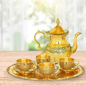 Seni India ketel teh Kuningan Pot di dalam lapisan timah dengan cangkir kaca untuk dekorasi rumah melayani teh kopi peralatan makan emas