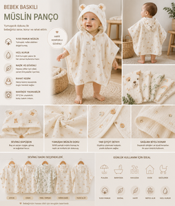 Ponchos de Toalla con Capucha para Niños, 100% Algodón Muselina, Estampado Suave, Orejas de Oso, Broches Laterales, para Playa o Baño, Directo del Fabricante en Turquía - Product Image 3