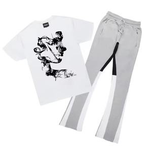 Camiseta deportiva para trotar con cuello redondo y pantalón acampanado apilado Conjunto de chándal unisex con logotipo personalizado de hip hop callejero - Product Image 2