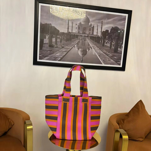 Sac à provisions en nylon réutilisable écologique grand RPET fermeture éclair rayé Handloom tissé sacs de plage en plastique recyclé fabriqué en Inde - Product Image 2