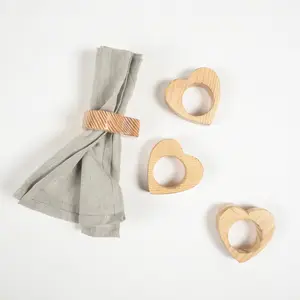 Competitive price acacia wood napkin ring holder heart shaped wooden rings for holding table dining napkins