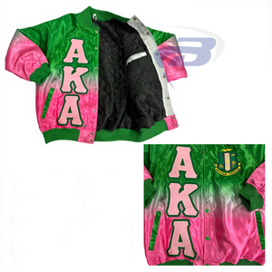 Alfa |   Kapa |   Chaqueta Bomber AKA de la Hermandad Griega Alpha, Brillante, Satinada, Impermeable, Bordada, Estilo Universitario Multicolor - Product Image 3