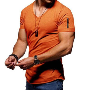 Gris chiné profond col en V tri-mélange t-shirts mode hommes T-Shirt mince col en v Fitness décontracté T-shirt Fit - Product Image 5