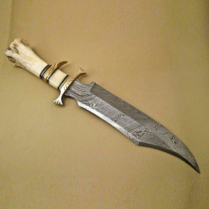 Handmade Damascus Hunting <b>Knife</b> with Fixed Blade and Camel <b>Bone</b> <b>Handle</b> Serrated Edge OEM Customizable Camping Carry Sheath - Product Image 1