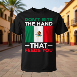 T-shirt unisexe pour adulte avec drapeau du Mexique, col rond, manches courtes, impression numérique, « Ne mord pas la main qui t'entretenit » - Product Image 3