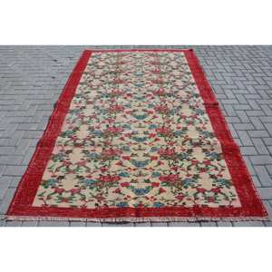 Alfombra de lana clásica roja y Beige de 5,6x8,8 pies Diseño turco vintage 9x12 Área grande Rectángulo Patchwork 10mm Látex Nueva habitación de pasillo - Product Image 1