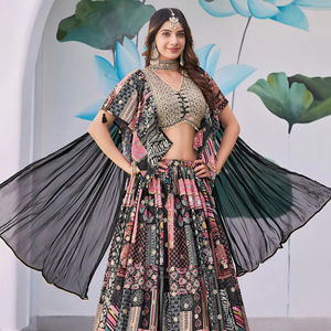 Venta al por mayor Multicolor Chinnon Silk Lehenga Choli Impreso y bordado Casual Wedding Wear Compras en línea - Product Image 1