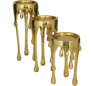 New Arrival Handmade Aluminum Pillar Candle Holder With Dripping Melting Designed Legs Set Of 3 Gold Finished For Home Decor