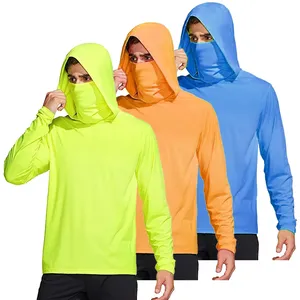 Men's <b>Neon</b> Yellow UPF 50 Long Sleeve Hoodie Pullover Sun Protection Shirt Anti-Chafing Curved Hem Fishing Wear - Product Image 5