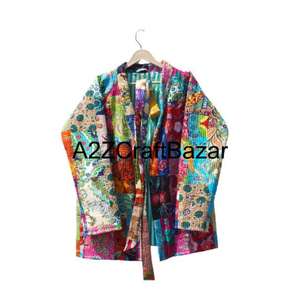 Bohemian Handmade Pure Cotton Quilted Soft <b>Reversible</b> Floral Indian Design Women's Jacket with Patchwork Winter Wear All Seasons - Product Image 2